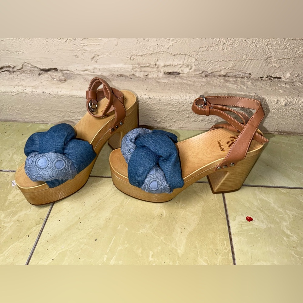 Sam & Libby Denim Knot Platform Clog Sandals Wood Heel Boho Size 8.5 Retro - Picture 6 of 12